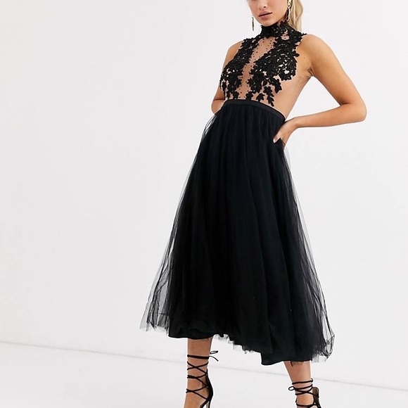 Forever Unique high neck midi tulle dress with appliqué detail in black - Picture 2 of 7